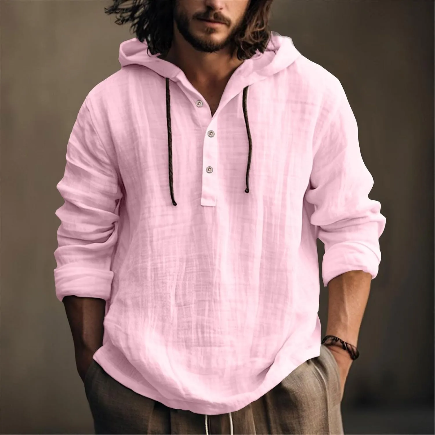 Cotton Linen Shirts for Men Drawstring Button Long Sleeve Tops with Hood Casual Breathable Summer Beach Hoodie