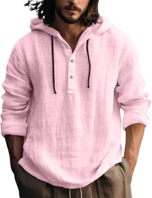 Cotton Linen Shirts for Men Drawstring Button Long Sleeve Tops with Hood Casual Breathable Summer Beach Hoodie