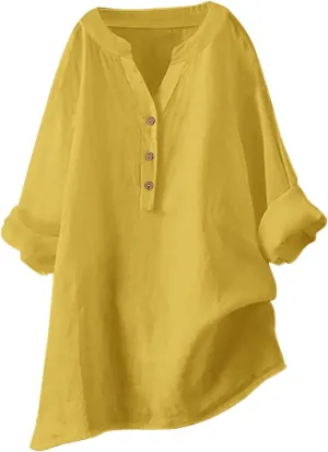 Cotton Linen Shirts for Women Summer 3/4 Sleeve Tops Casual V Neck Basic Tee Plus Size Henley Blouses Trendy Outfits
