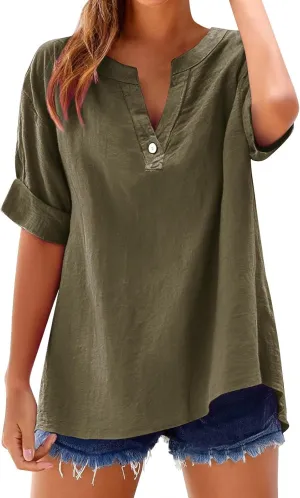 Cotton Linen Shirts for Women V-Neck Short Sleeve Loose Fit Blouses Spring and Summer Comfy Casual Dressy Work Tops