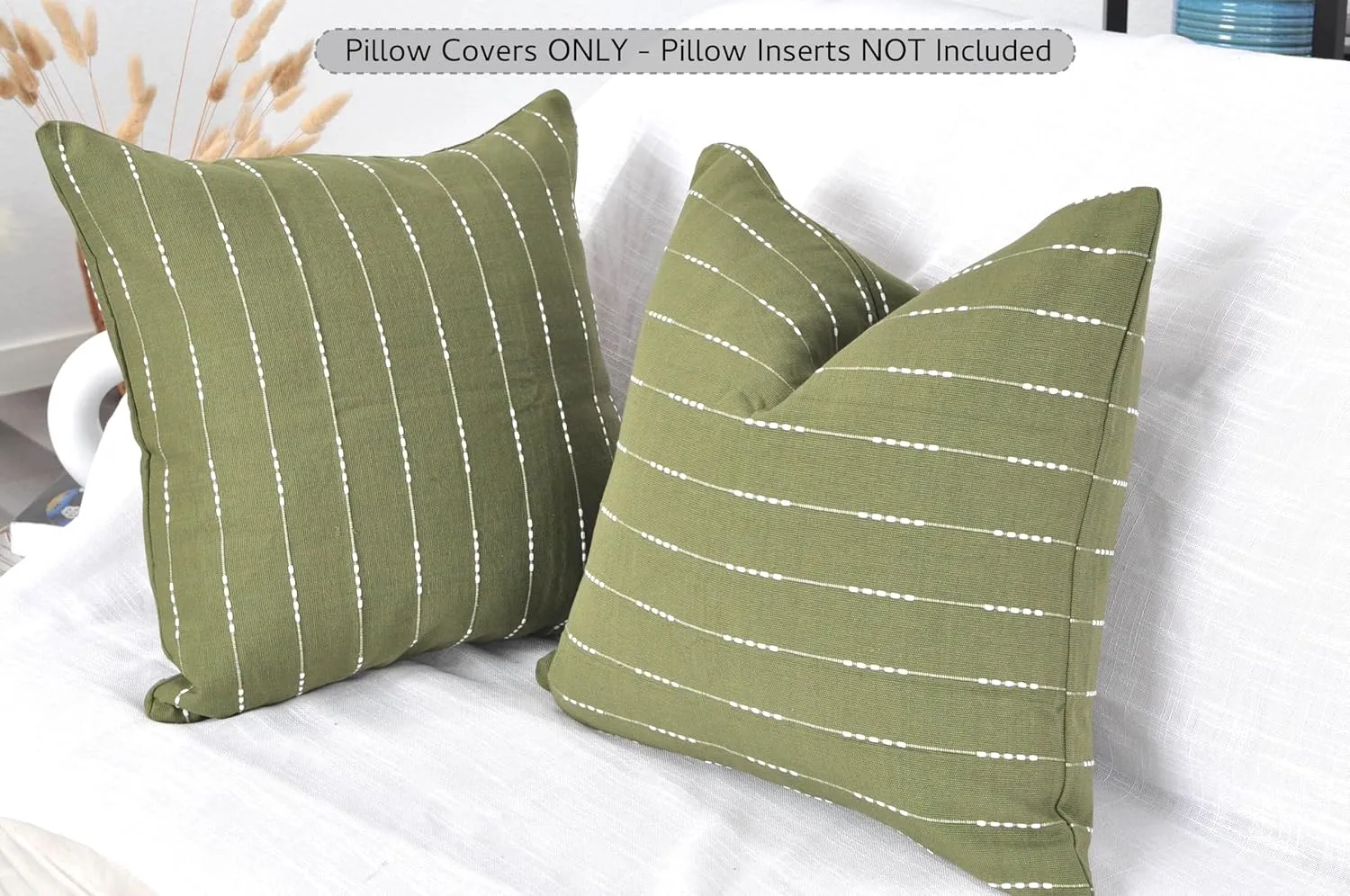 Cotton Pillow Covers 18x18 inches Olive Green/Woven Striped Pattern Contemporary Modern Luxury Cushion Covers Simple Throw Pillow Cases for Living Room Sofa Couch Bed Set of 2
