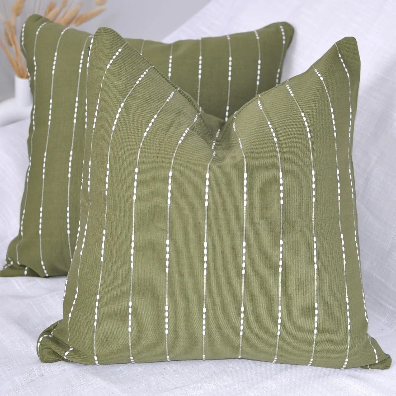 Cotton Pillow Covers 18x18 inches Olive Green/Woven Striped Pattern Contemporary Modern Luxury Cushion Covers Simple Throw Pillow Cases for Living Room Sofa Couch Bed Set of 2