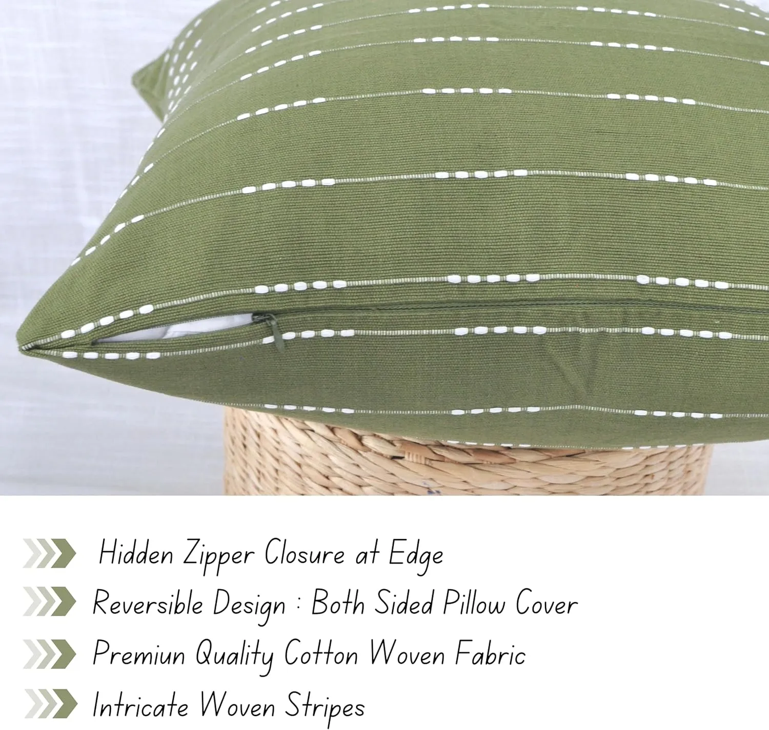 Cotton Pillow Covers 18x18 inches Olive Green/Woven Striped Pattern Contemporary Modern Luxury Cushion Covers Simple Throw Pillow Cases for Living Room Sofa Couch Bed Set of 2