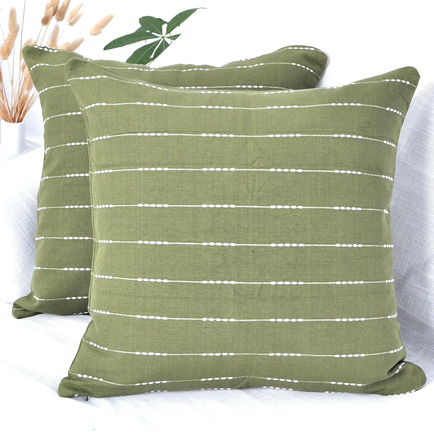 Cotton Pillow Covers 18x18 inches Olive Green/Woven Striped Pattern Contemporary Modern Luxury Cushion Covers Simple Throw Pillow Cases for Living Room Sofa Couch Bed Set of 2