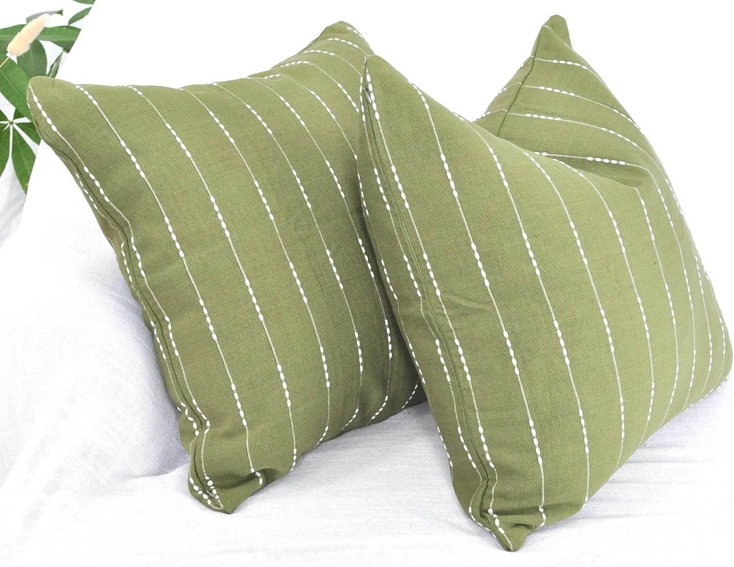 Cotton Pillow Covers 18x18 inches Olive Green/Woven Striped Pattern Contemporary Modern Luxury Cushion Covers Simple Throw Pillow Cases for Living Room Sofa Couch Bed Set of 2