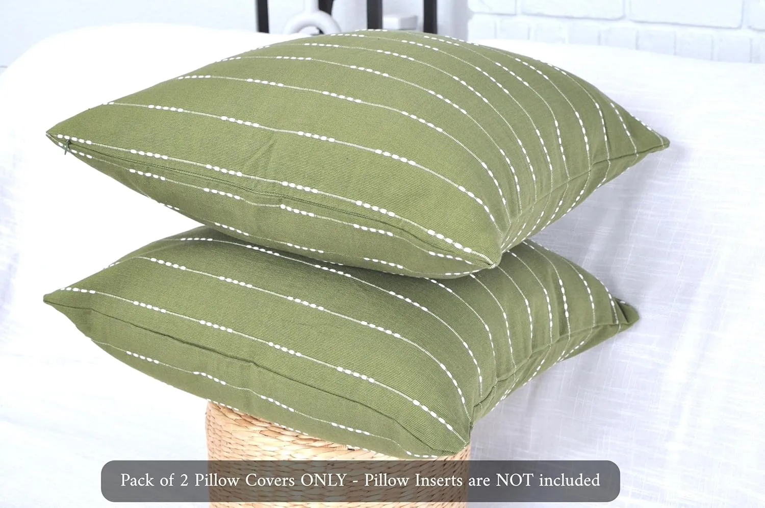Cotton Pillow Covers 18x18 inches Olive Green/Woven Striped Pattern Contemporary Modern Luxury Cushion Covers Simple Throw Pillow Cases for Living Room Sofa Couch Bed Set of 2