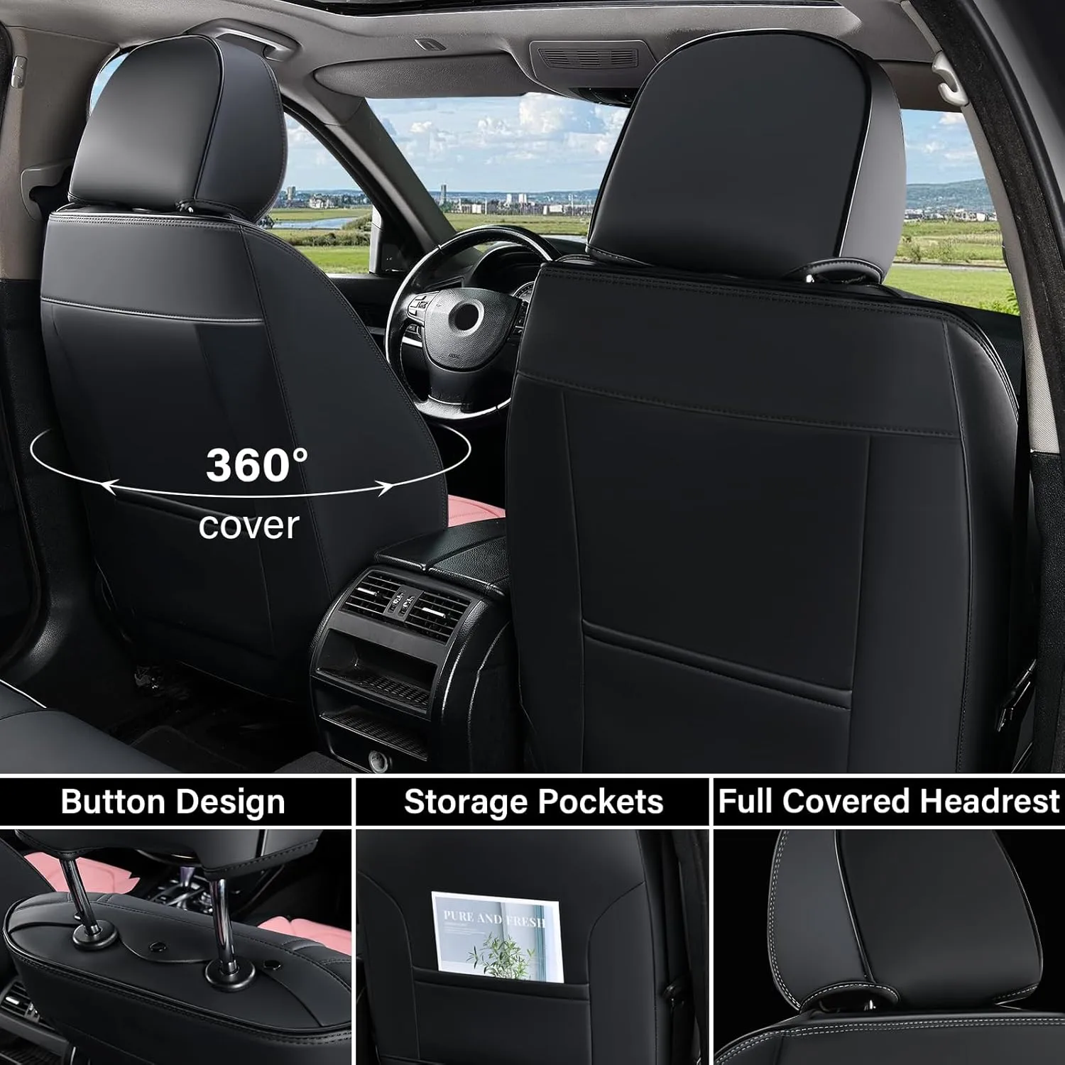 Coverado Front Seat Covers, Car Seat Covers Front Seats, Leather Seat Covers for Cars, Automotive Seat Covers Car Seat Protector Car Accessories Fit for Most Sedans SUV Pick-up Truck(Black&Pink)
