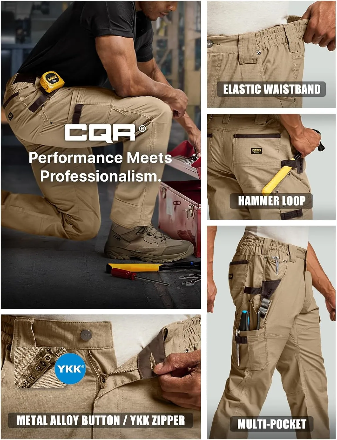 CQR Men's Flex Ripstop Work Pants, Water Resistant Tactical Pants, Outdoor Utility Operator EDC Cargo Pants