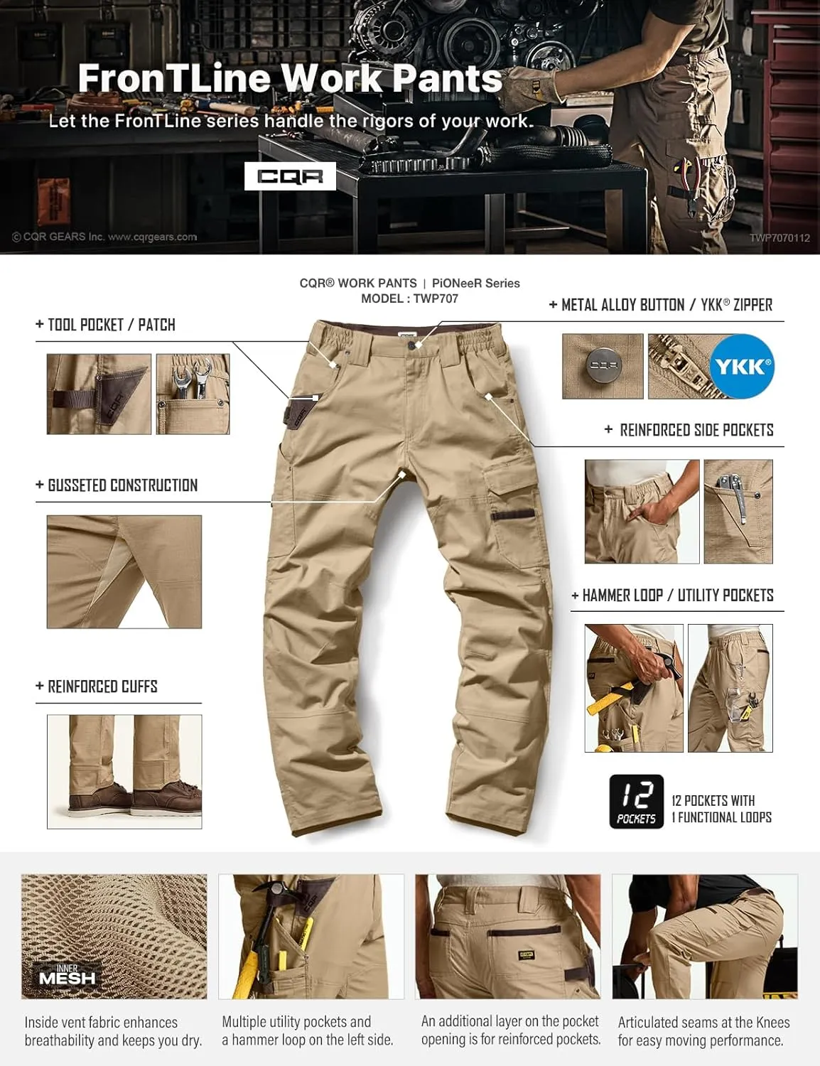 CQR Men's Flex Ripstop Work Pants, Water Resistant Tactical Pants, Outdoor Utility Operator EDC Cargo Pants