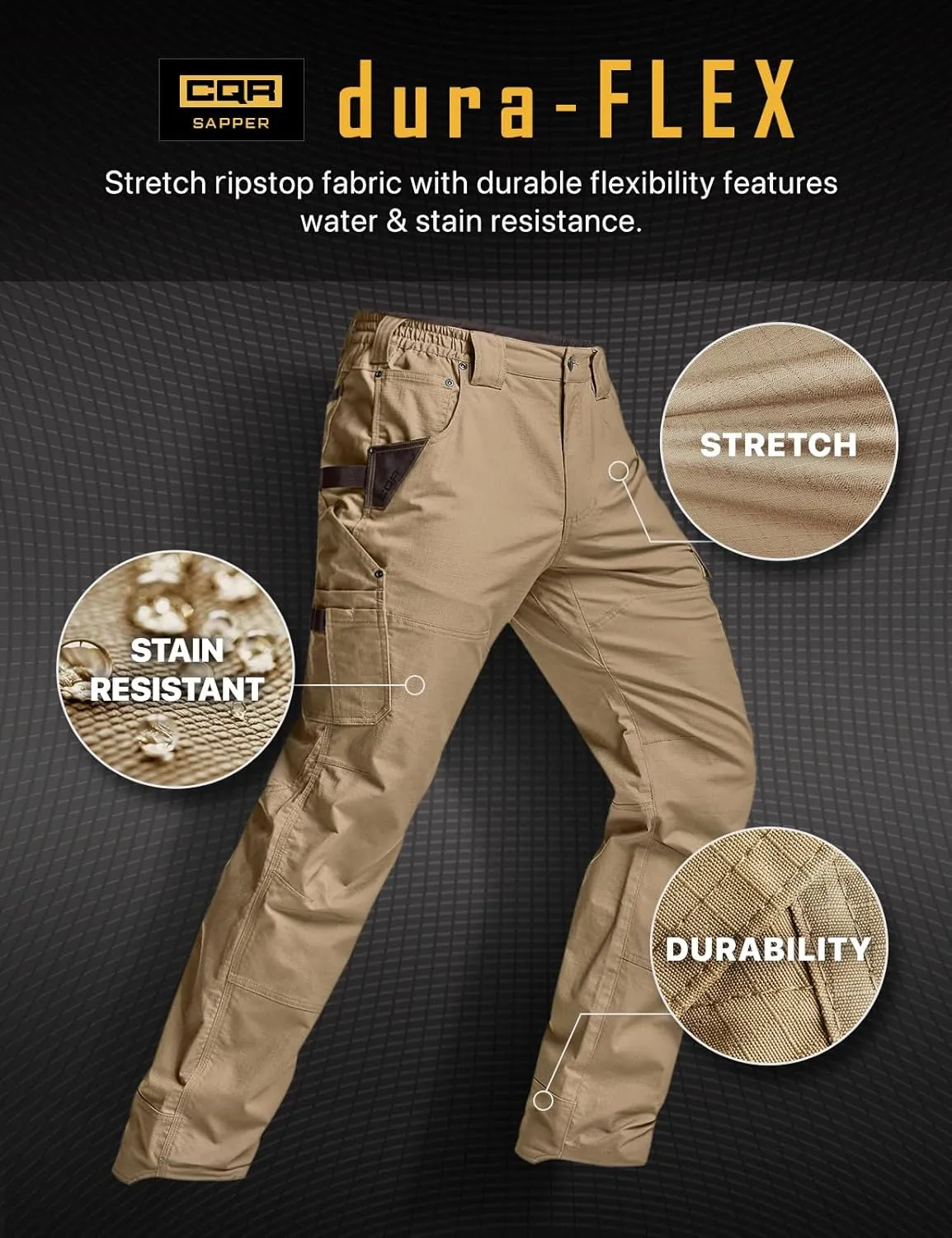 CQR Men's Flex Ripstop Work Pants, Water Resistant Tactical Pants, Outdoor Utility Operator EDC Cargo Pants
