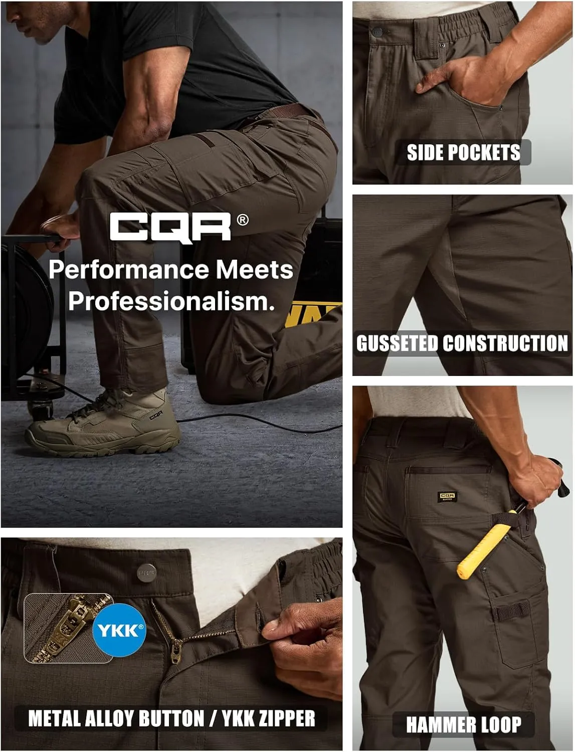 CQR Men's Flex Ripstop Work Pants, Water Resistant Tactical Pants, Outdoor Utility Operator EDC Cargo Pants