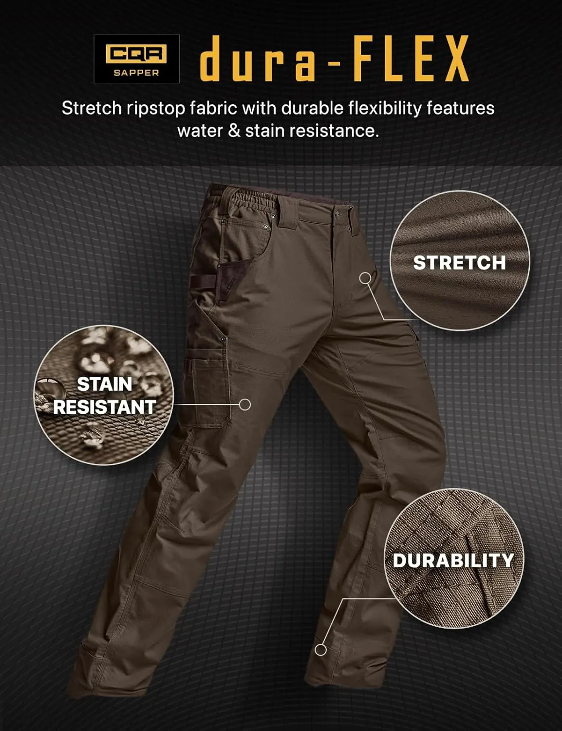 CQR Men's Flex Ripstop Work Pants, Water Resistant Tactical Pants, Outdoor Utility Operator EDC Cargo Pants