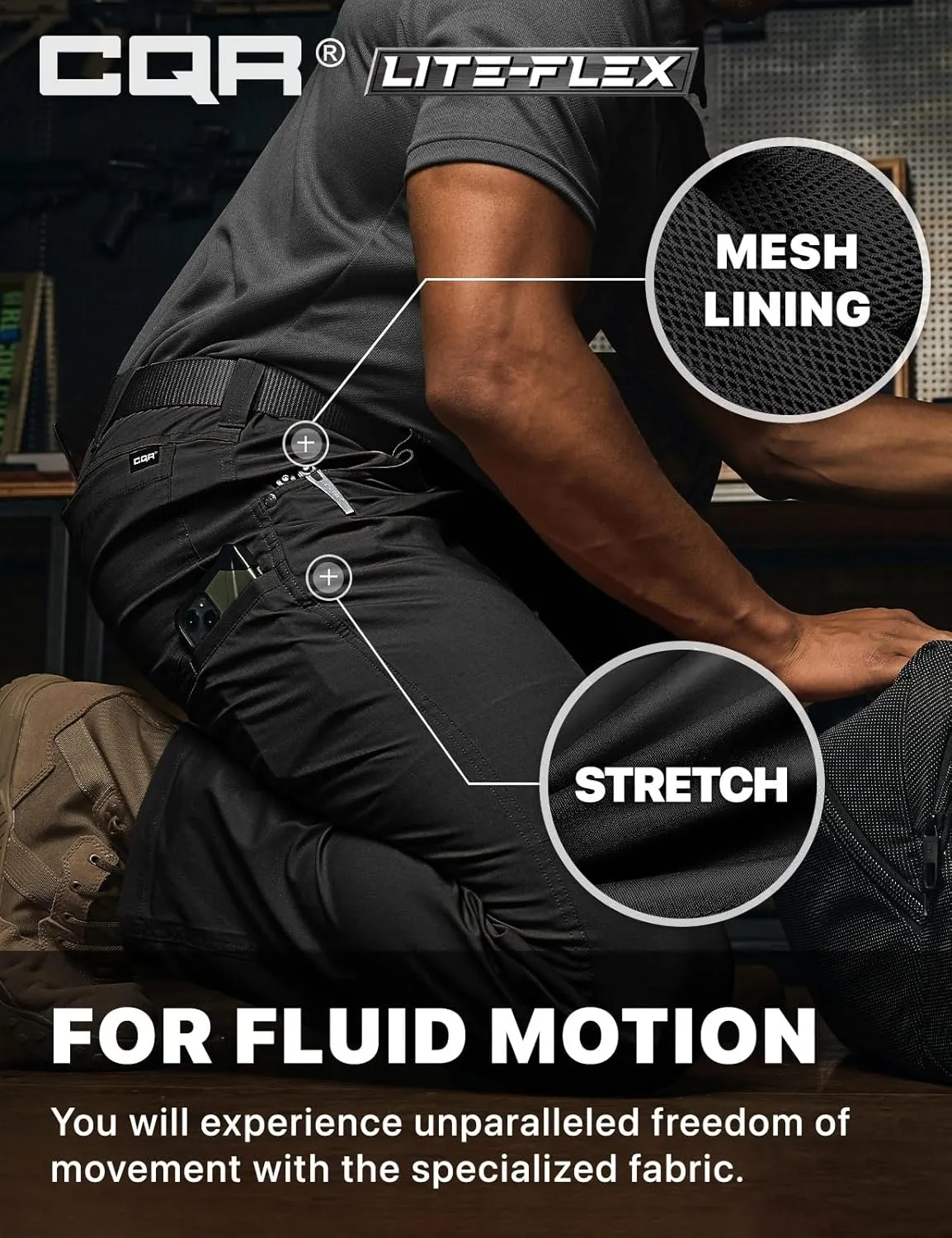 CQR Men's Utility Flex Cargo Pants, Classic-Fit Casual Stretch Work Pants, Water Resistant Lightweight Tactical Hiking Pants