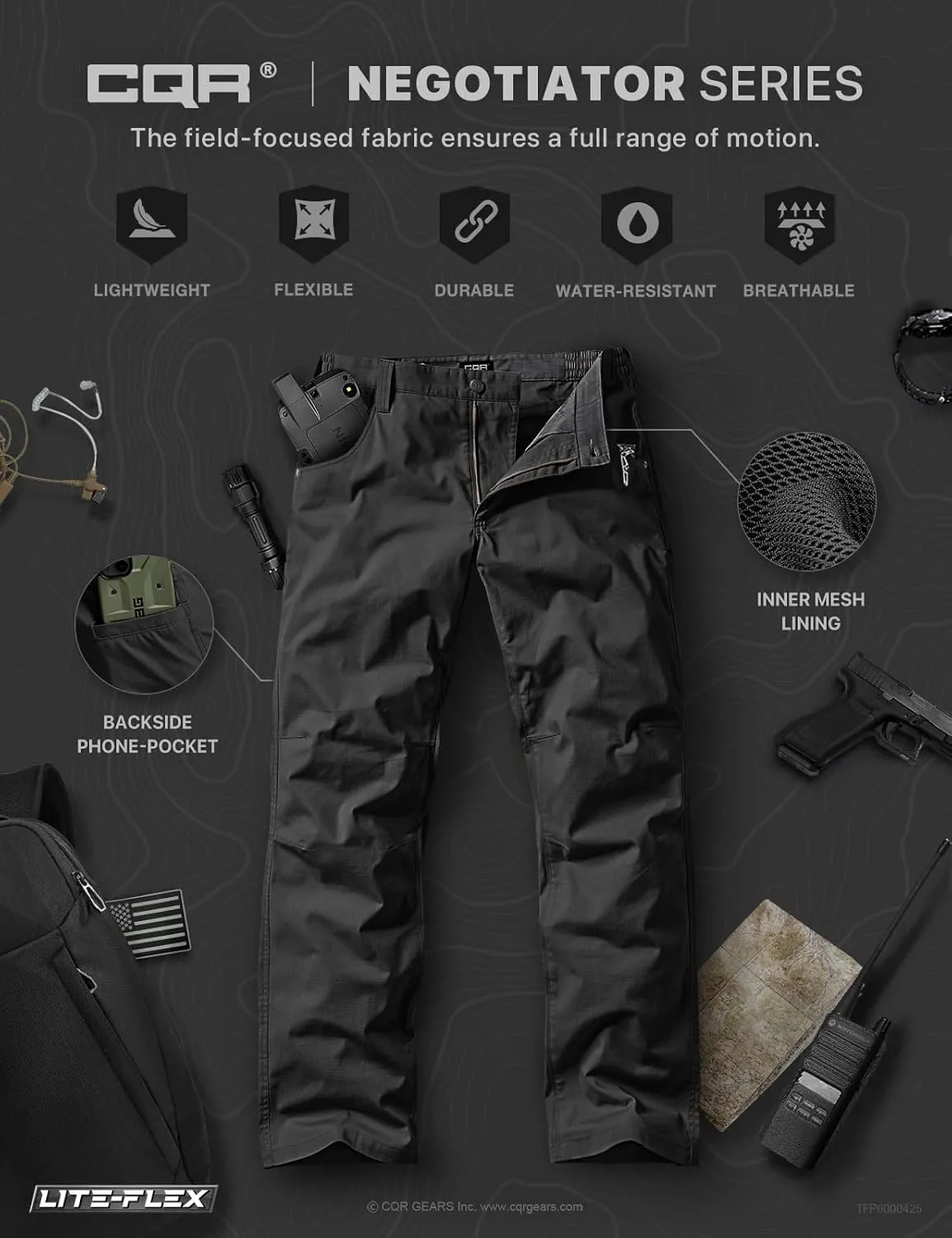 CQR Men's Utility Flex Cargo Pants, Classic-Fit Casual Stretch Work Pants, Water Resistant Lightweight Tactical Hiking Pants