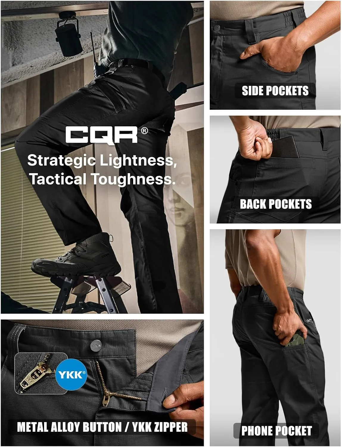CQR Men's Utility Flex Cargo Pants, Classic-Fit Casual Stretch Work Pants, Water Resistant Lightweight Tactical Hiking Pants