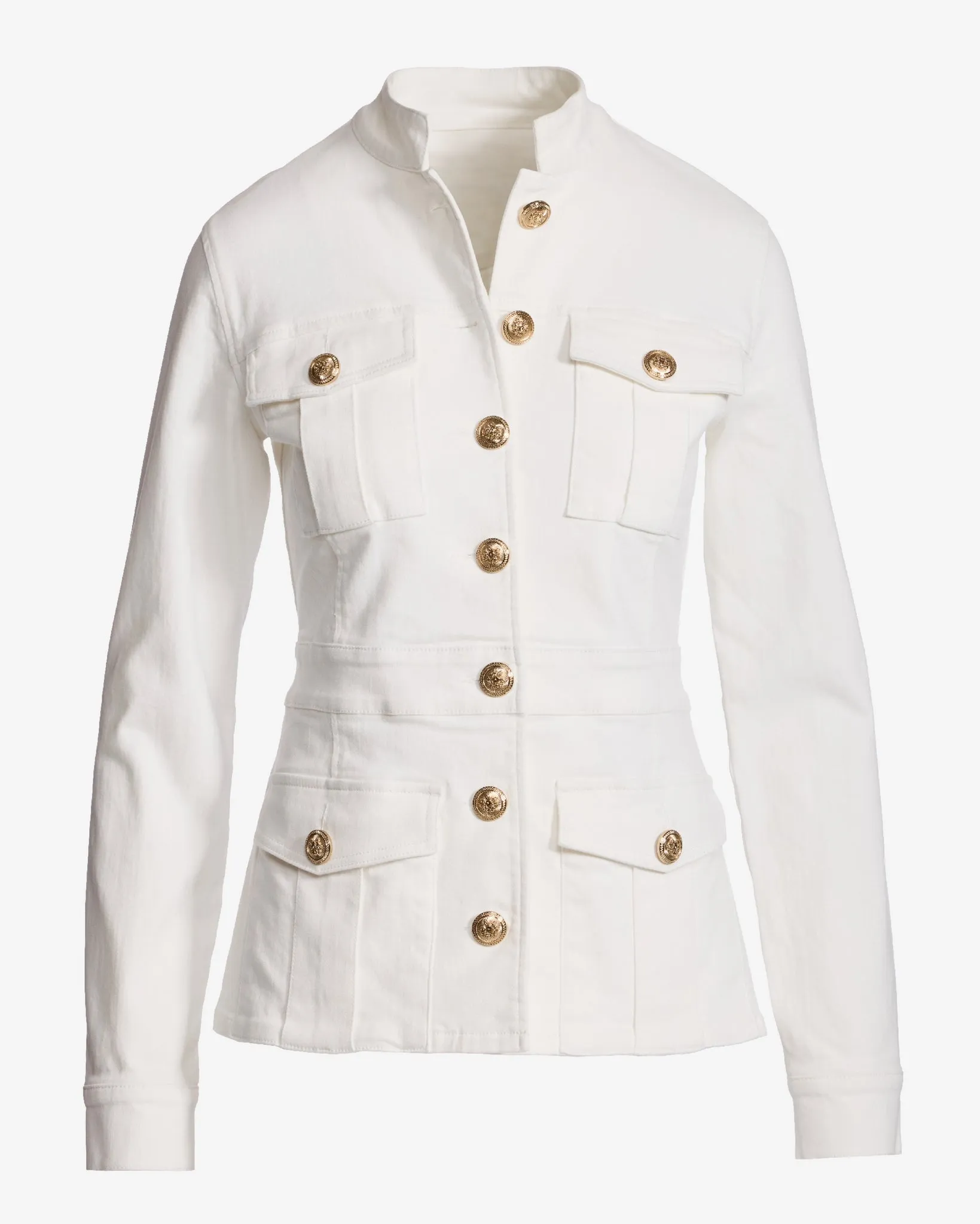 Crest Button Stretch Denim Luxe Utility Jacket Off White