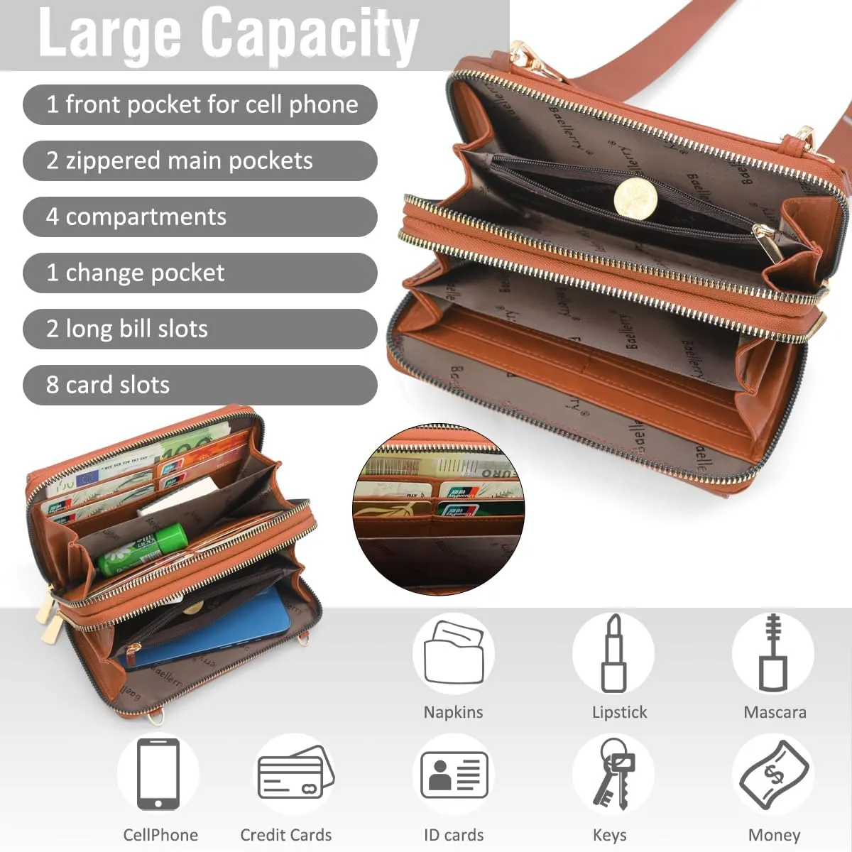 Crossbody Bag for Women Small Shoulder Handbag Leather Cell Phone Purse Wristlet Clutch Wallet with Card Slots