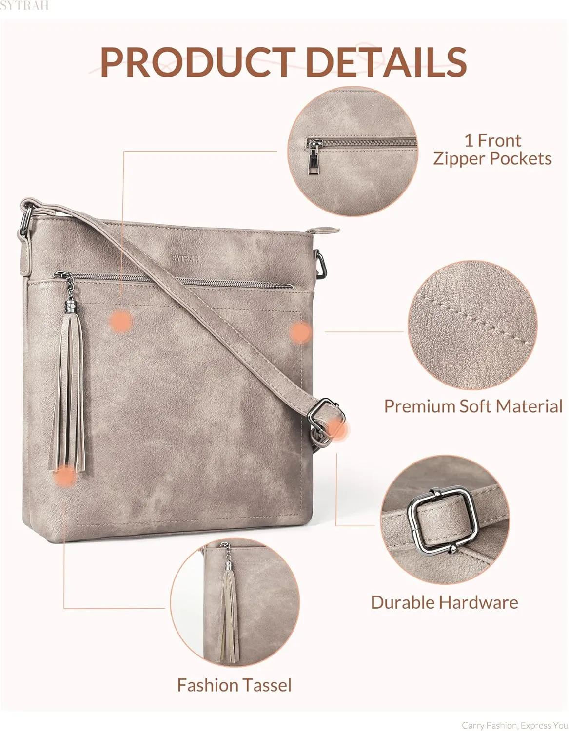 Crossbody Purses for Women, Premium Vagan Leather Crossbody Bag, Adjustable Strap Lightweight Shoulder Bag with Tassel