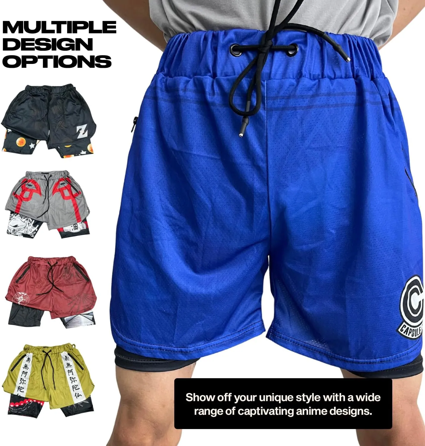 CROWN Anime Shorts - Breathable Mesh Stretch Compression Short with Pockets and Towel Holder
