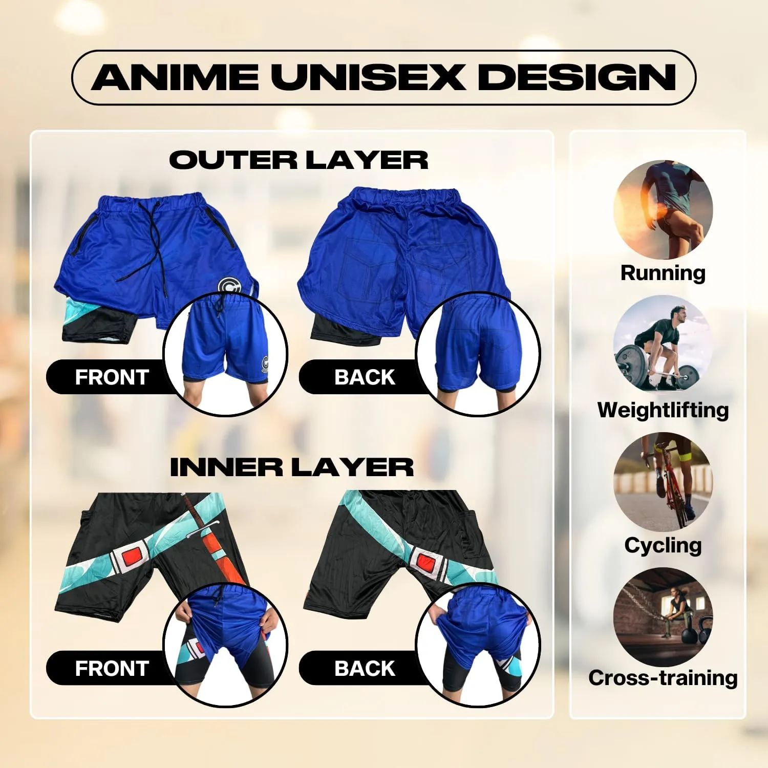CROWN Anime Shorts - Breathable Mesh Stretch Compression Short with Pockets and Towel Holder