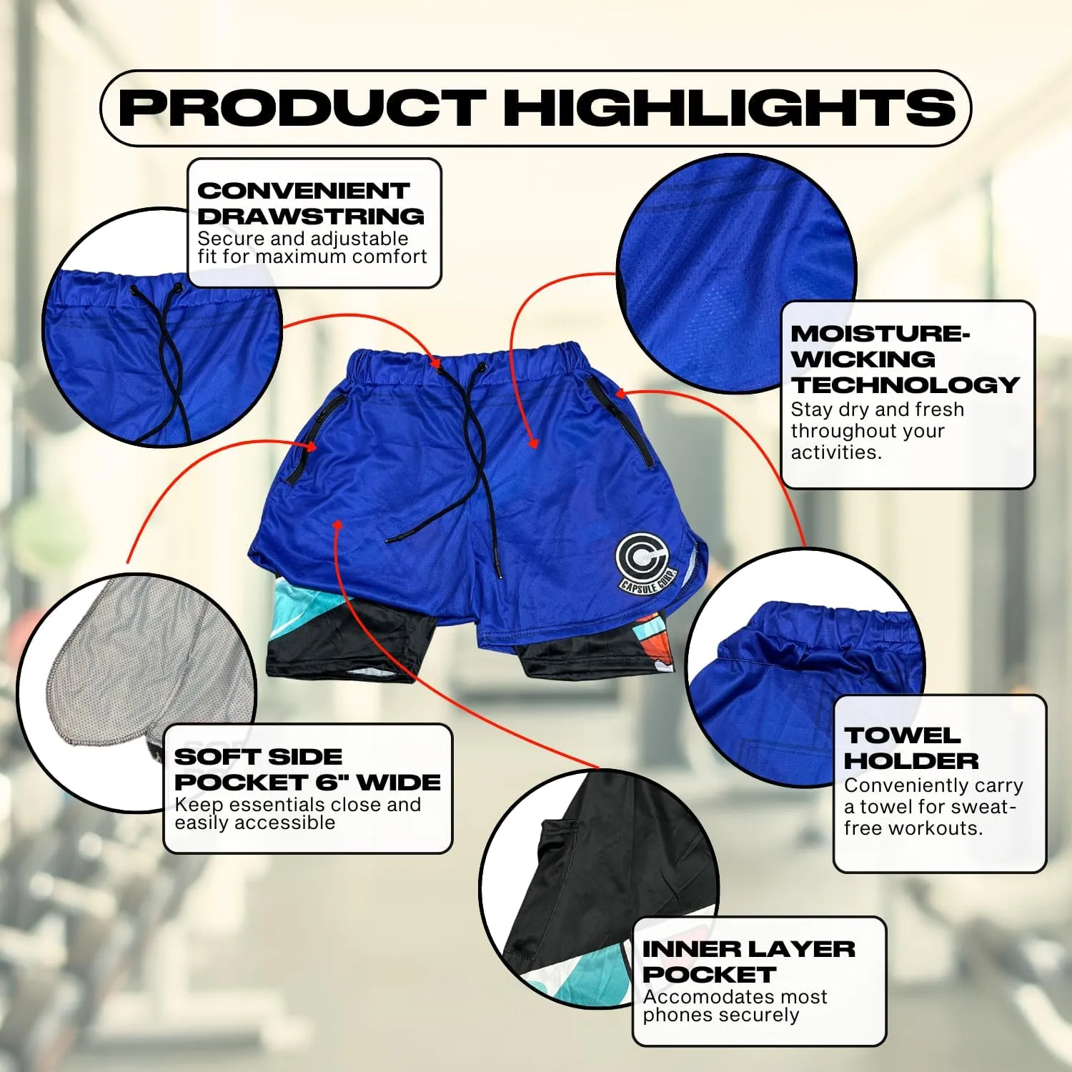 CROWN Anime Shorts - Breathable Mesh Stretch Compression Short with Pockets and Towel Holder