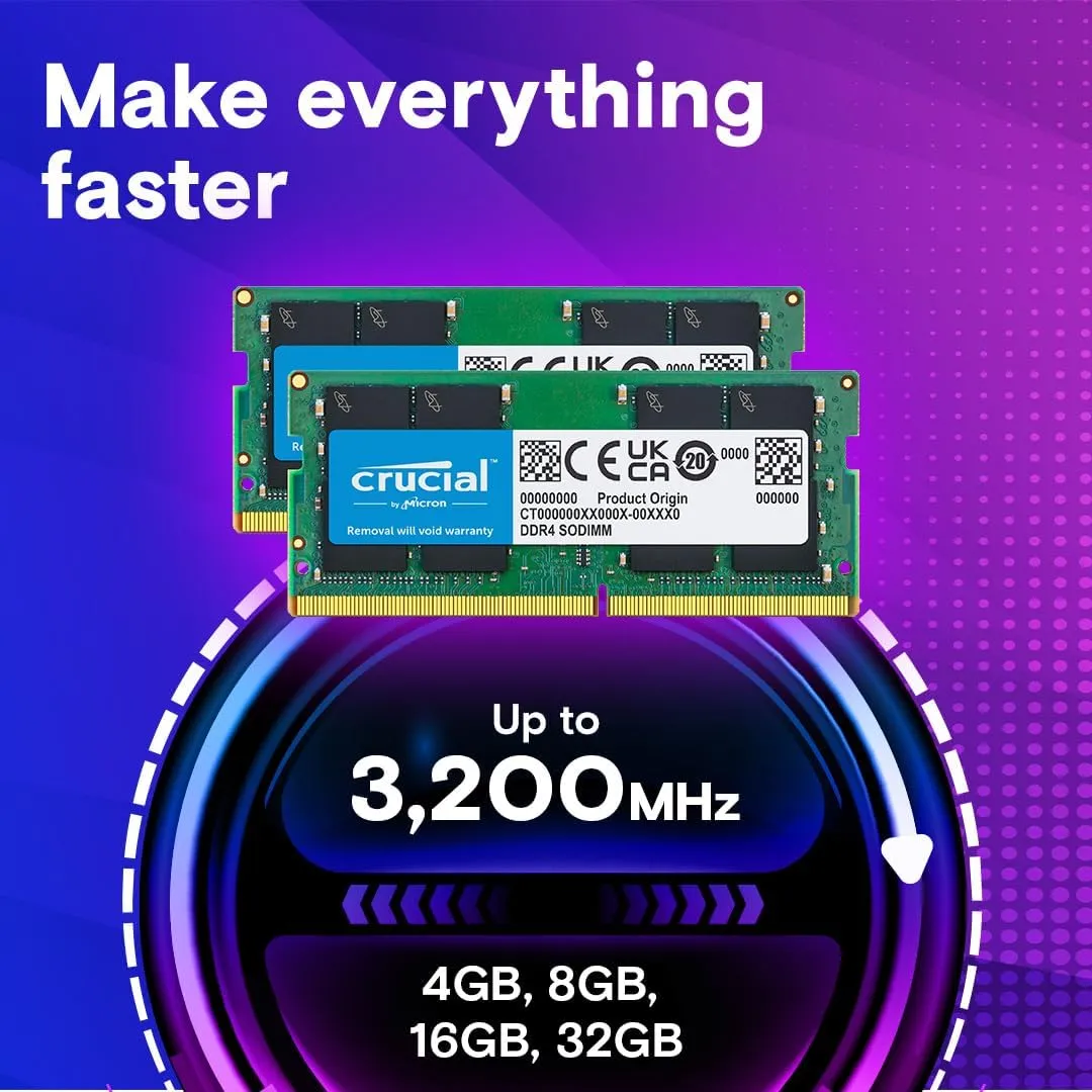 Crucial 64GB DDR4 RAM Kit (2x32GB), 3200MHz (PC4-25600) CL22 Laptop Memory, SODIMM 260-Pin, Downclockable to 2933/2666MHz, Compatible with 13th Gen Intel Core and AMD Ryzen 7000 - CT2K32G4SFD832A