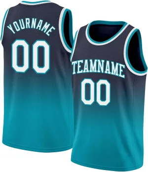 Custom Basketball Jersey, Custom Navy White-Teal Fade Fashion Basketballs Jerseys, Printed Name Number Athletic