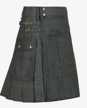 Custom Handmade Denim Black Scottish Utility Kilt - Redefining Comfort and Functionality
