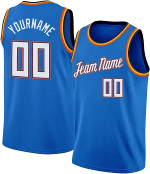 Custom Jersey Basketball, Custom Blue White-Orange Round Neck Rib-Knit Basketballs Jerseys, Printed Name
