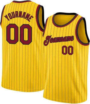 Custom Jersey Basketball, Custom Red Gold Pinstripe Gold-Black Basketballs Jerseys, Printed Name Number