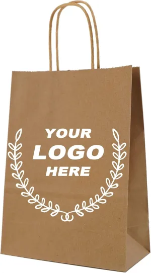 Custom Printed Kraft Paper Bags for Small Business,10.5x8.5x4.25 inch Medium Size, Personalized Retail Gift Bags with Logo, White Shopping Paper bag with Handle, Goodie Bags (50pcs - Brown)