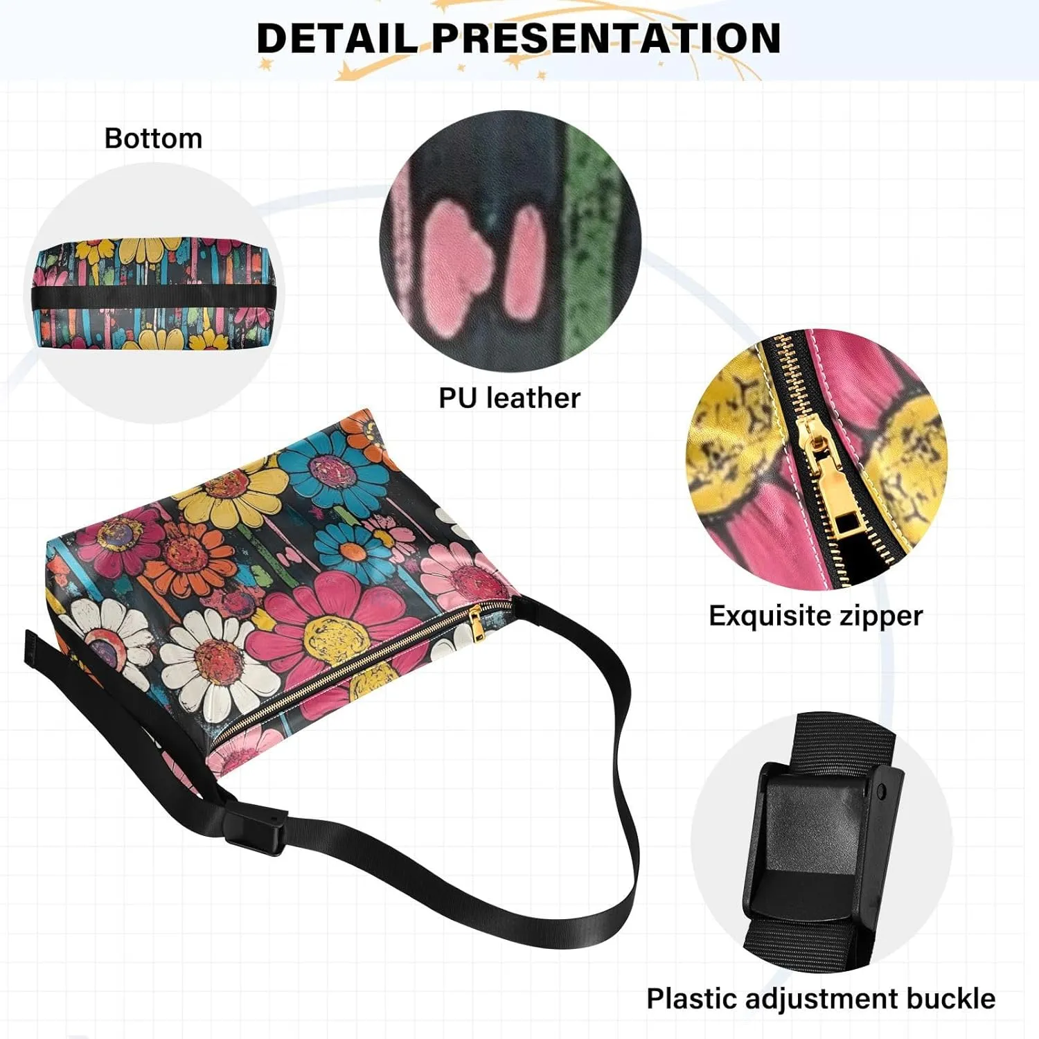 Daisy Print Sling Bag for Women Crossbody Purse Leather Shoulder Handbag Purses for Women with Adjustable Wide Strap
