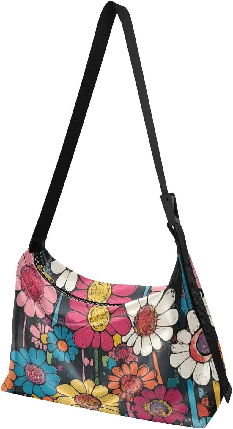 Daisy Print Sling Bag for Women Crossbody Purse Leather Shoulder Handbag Purses for Women with Adjustable Wide Strap