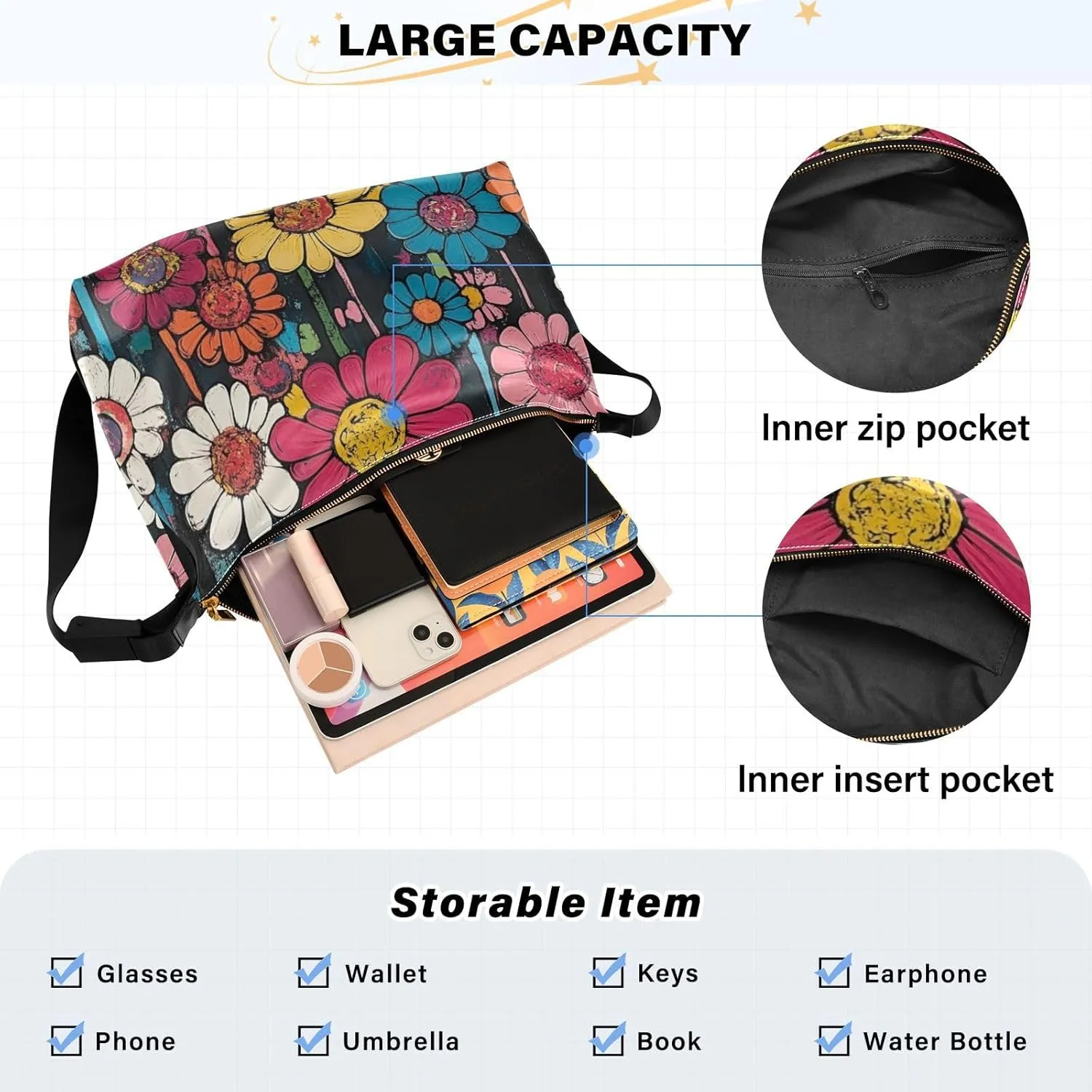 Daisy Print Sling Bag for Women Crossbody Purse Leather Shoulder Handbag Purses for Women with Adjustable Wide Strap