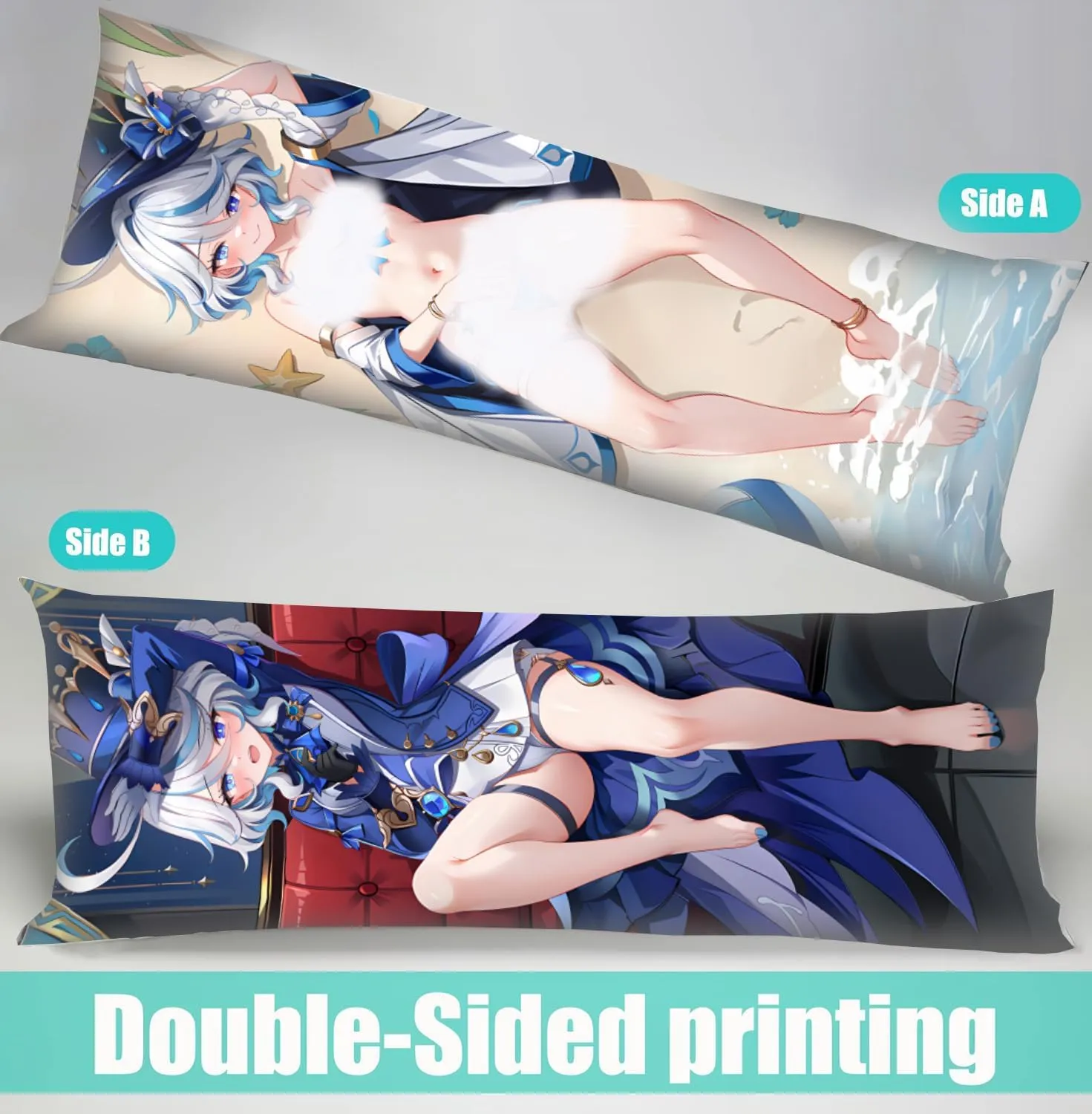 Dakimakura Anime Genshin Impact Hugging Body Pillow Case, 19""x59"" Throw Pillow Cover, Double-Sided Print Bedding Decorative Pillowcase (Furina), FA12K