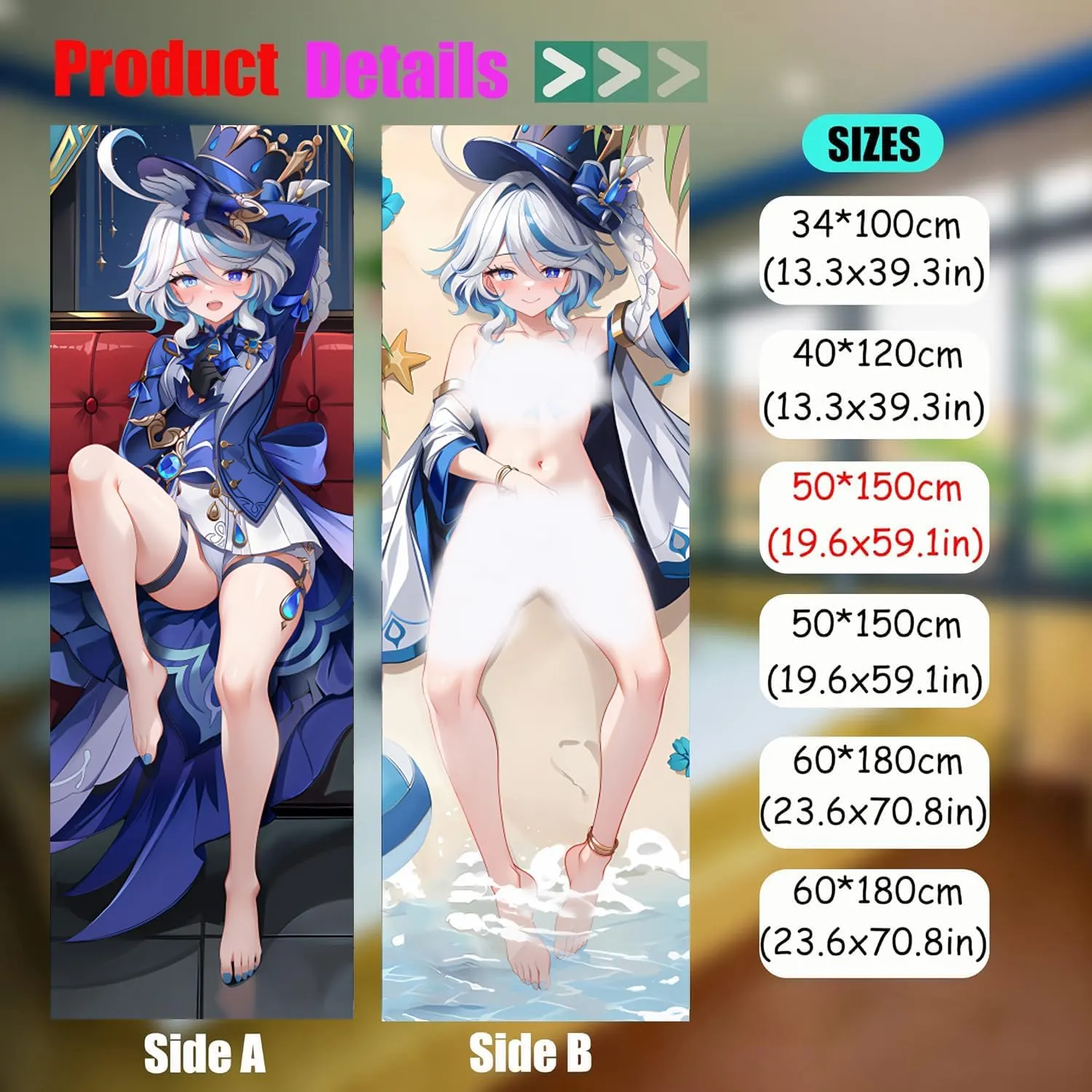 Dakimakura Anime Genshin Impact Hugging Body Pillow Case, 19""x59"" Throw Pillow Cover, Double-Sided Print Bedding Decorative Pillowcase (Furina), FA12K