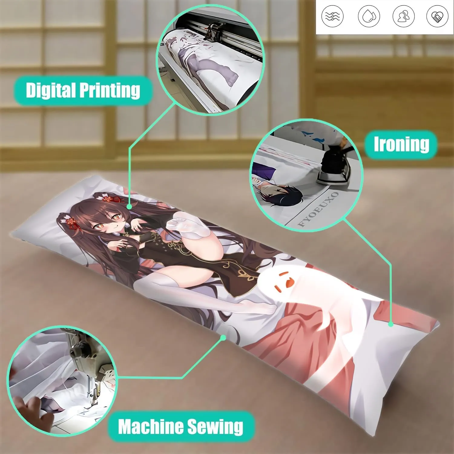 Dakimakura Anime Genshin Impact Hugging Body Pillow Case, 19""x59"" Throw Pillow Cover, Double-Sided Print Bedding Decorative Pillowcase (Hu Tao), FA12K