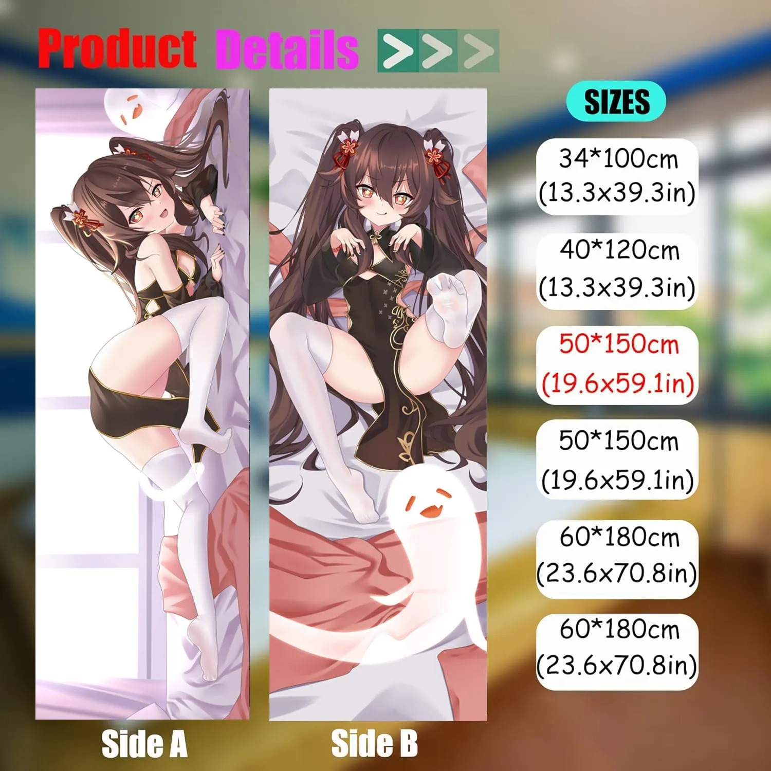 Dakimakura Anime Genshin Impact Hugging Body Pillow Case, 19""x59"" Throw Pillow Cover, Double-Sided Print Bedding Decorative Pillowcase (Hu Tao), FA12K