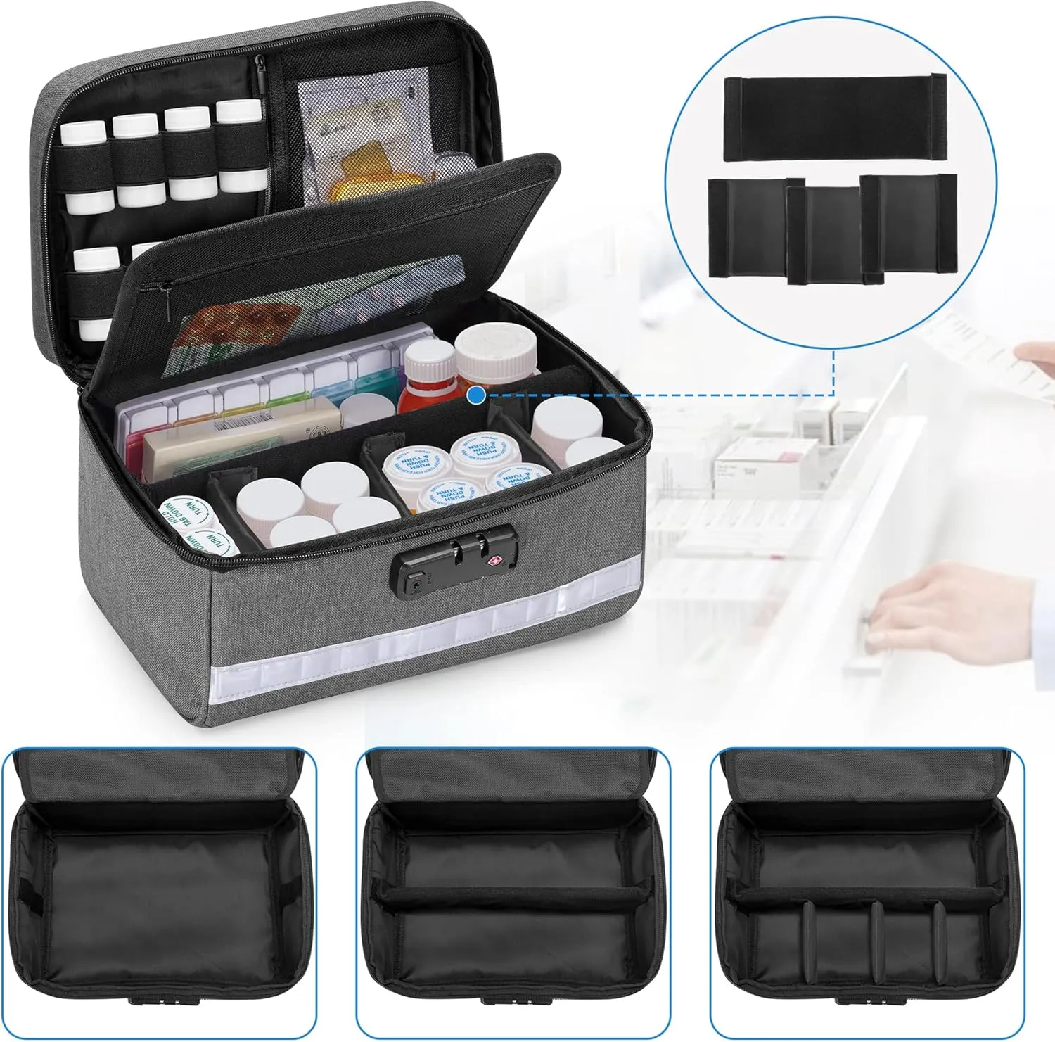 Damero Locking Pill Bottle Organizer with Inner Dividers, Medicine Storage and Organizer Bag Combination Lock for Medicine, Vitamins and Medical Supplies, Gray