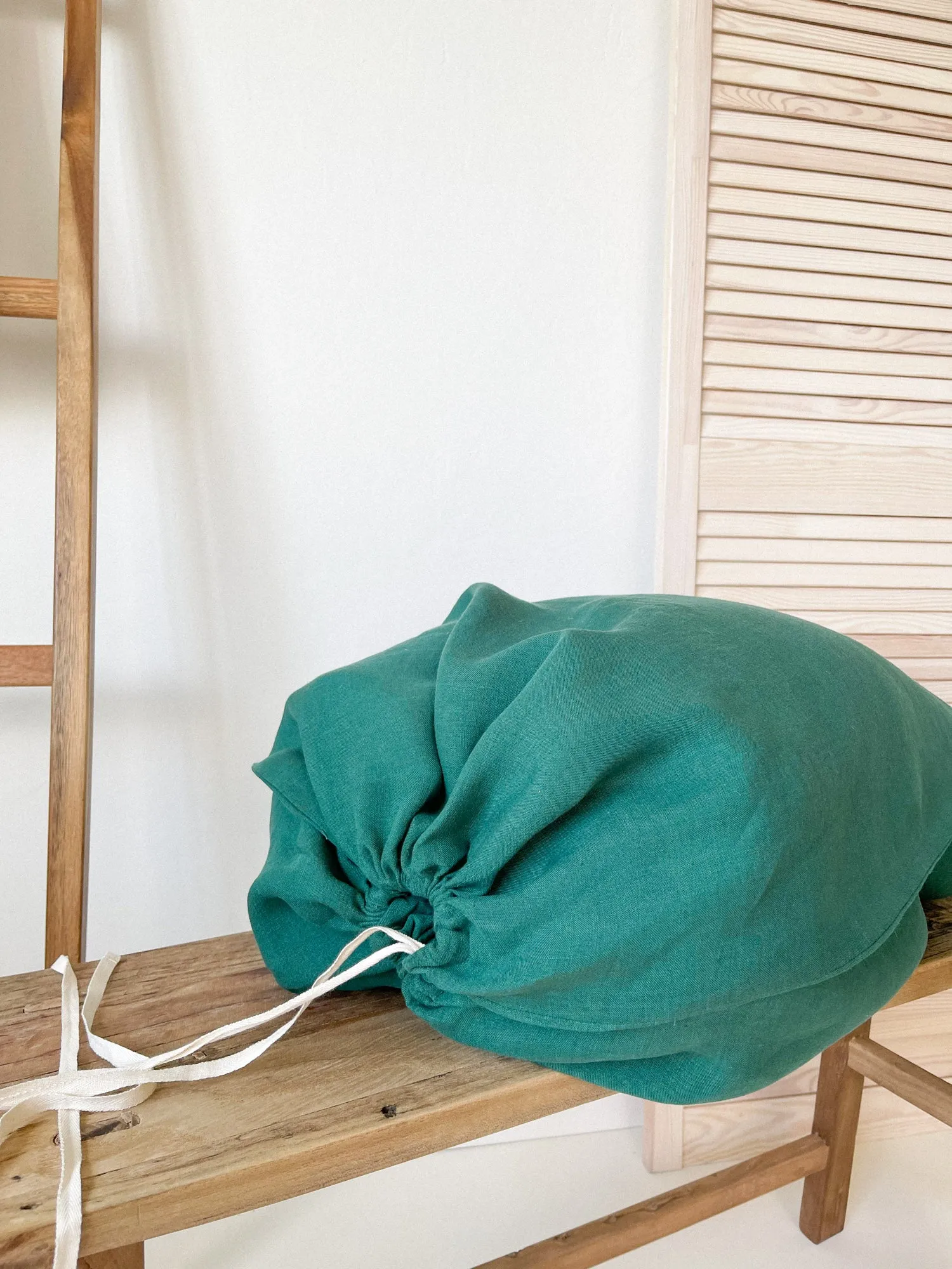 Dark Green Drawstring Linen Laundry Bag