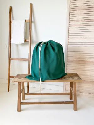 Dark Green Drawstring Linen Laundry Bag