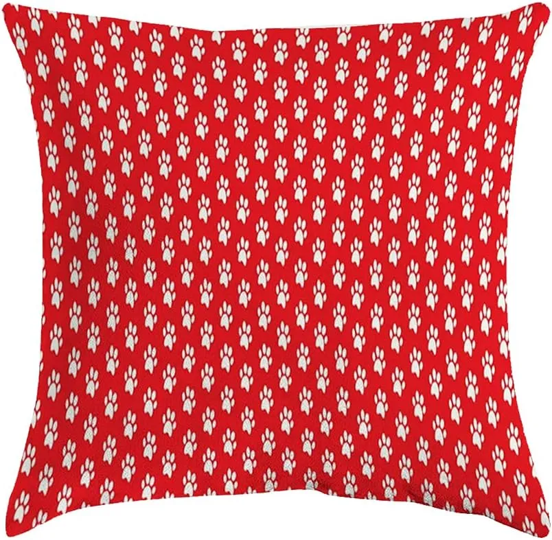 Decorative Throw Pillow Cover Walk Red Blank Nature Toe Rectangle White Wall Animal Pattern Textures Paw Cute Dog Feet Footprint Velvet Cushion Cover for Sofa Couch Living Room Bed 16x16 Inch