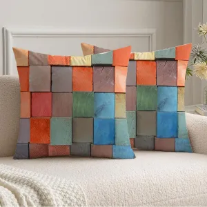 Decorative Velvet Throw Pillow Covers 20x20, Brown Board Colorful Wood Block Stack On Wall Abstract Color Construction Wooden Hardwood Material Pillow Case for Couch Bed Home, Set of 2