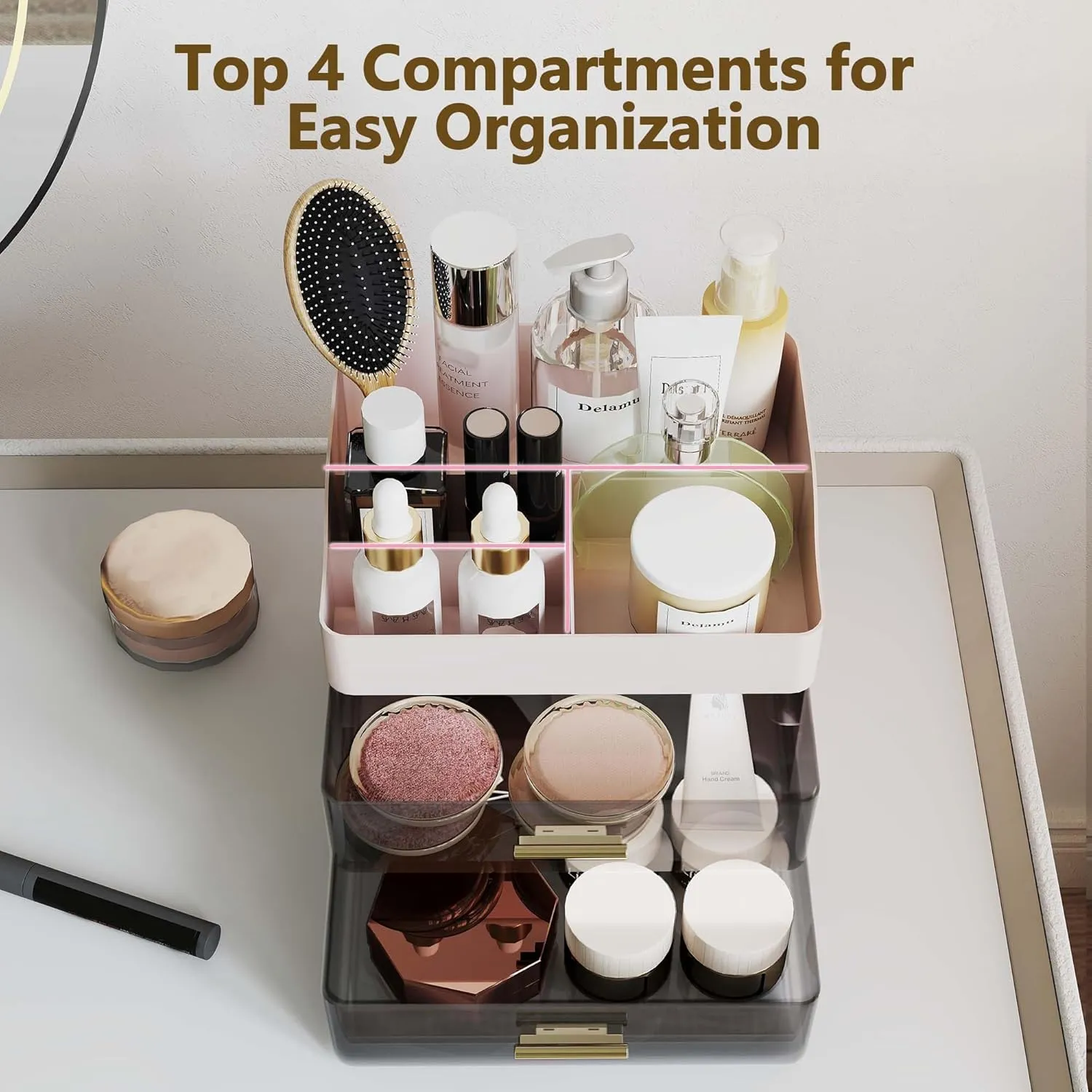 Delamu Makeup Organizer Countertop, 3-Tier Large Capacity Bathroom Counter Organizer with 2 Clear Drawers for Easy Access, Ideal for Makeup, Skincare, Lipsticks, Office Supplies, Present, etc, Pink