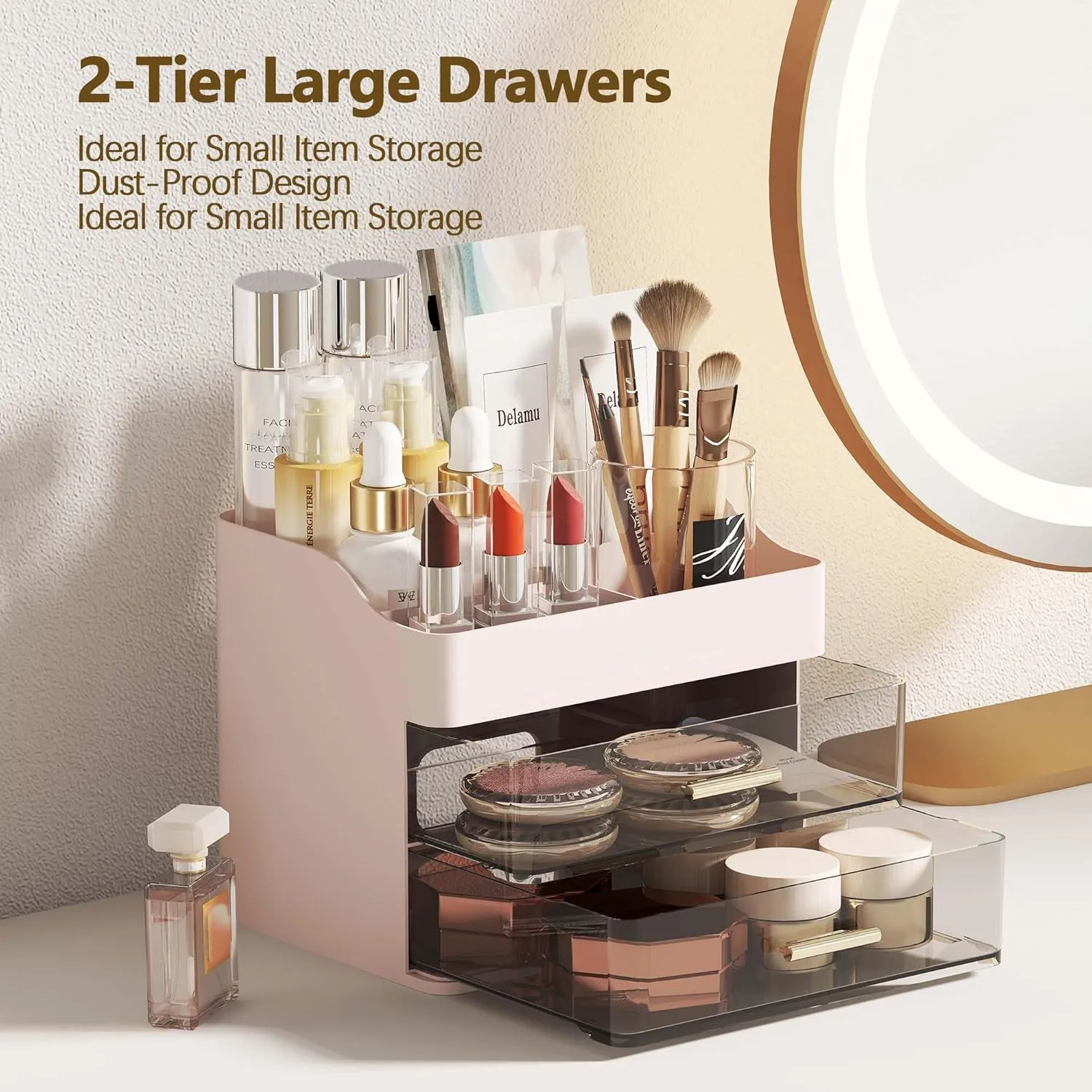 Delamu Makeup Organizer Countertop, 3-Tier Large Capacity Bathroom Counter Organizer with 2 Clear Drawers for Easy Access, Ideal for Makeup, Skincare, Lipsticks, Office Supplies, Present, etc, Pink