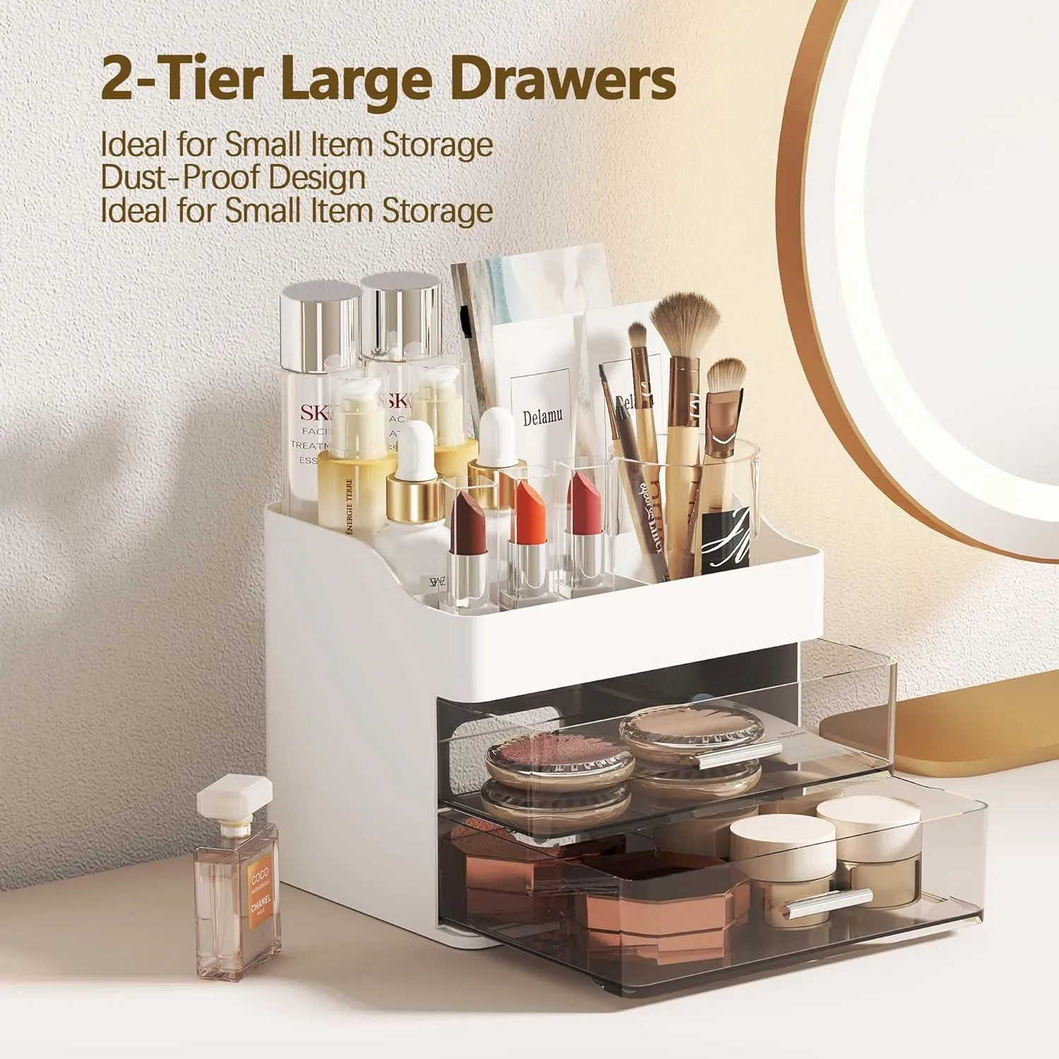 Delamu Makeup Organizer Countertop, 3-Tier Large Capacity Bathroom Counter Organizer with 2 Clear Drawers for Easy Access, Ideal for Makeup, Skincare, Lipsticks, Office Supplies, Present, etc, White