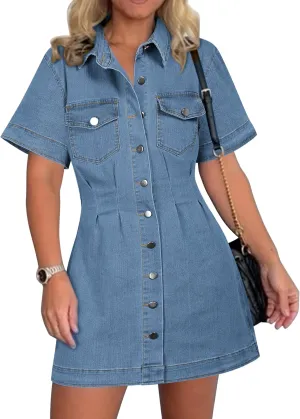 Denim Shirt Dress for Women Short Sleeve, Jean Stretch Button Down Dresses for Summer