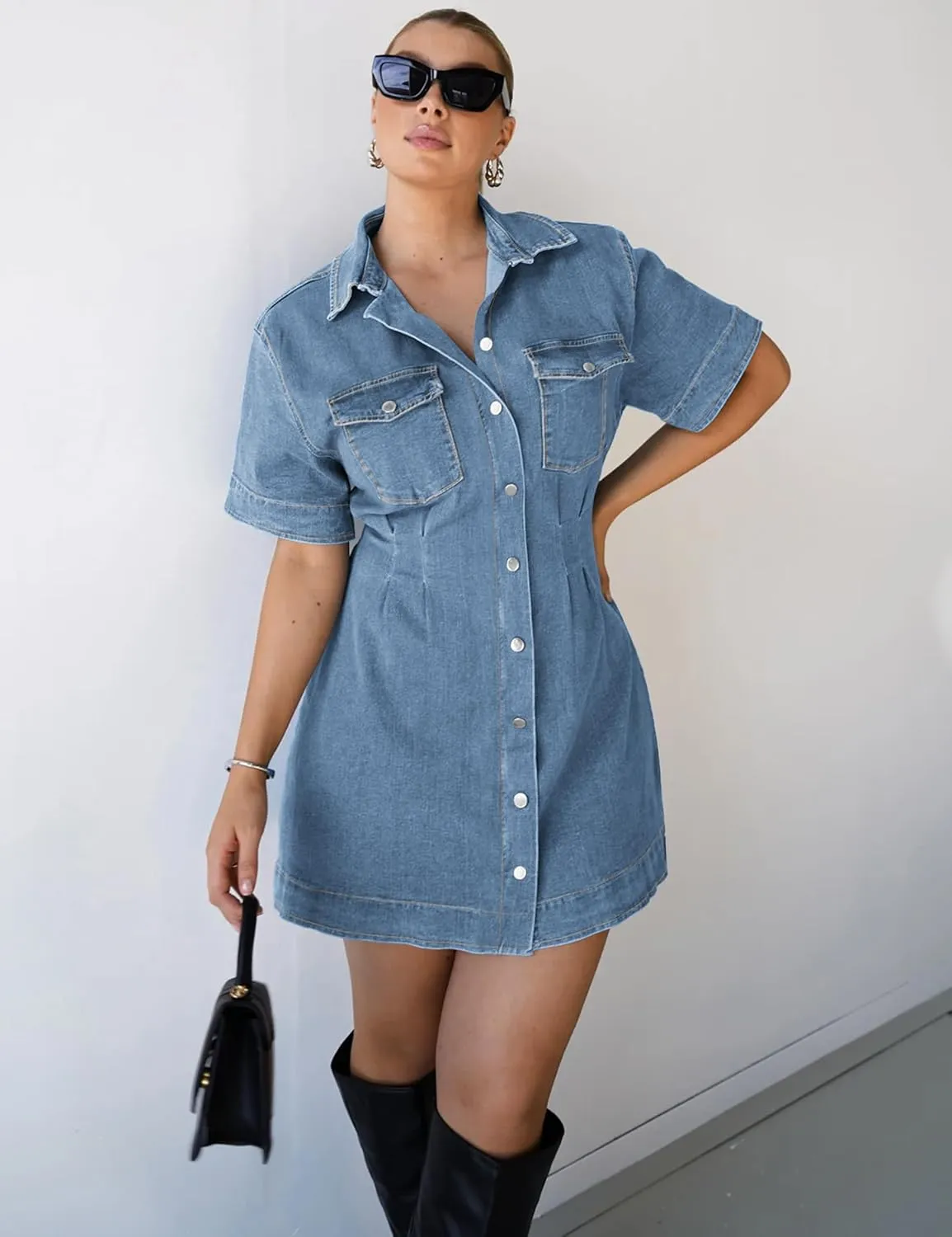 Denim Shirt Dress for Women Short Sleeve, Jean Stretch Button Down Dresses for Summer