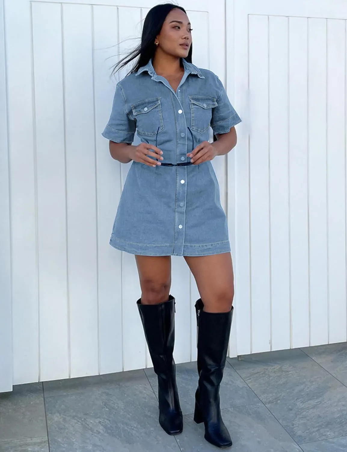 Denim Shirt Dress for Women Short Sleeve, Jean Stretch Button Down Dresses for Summer