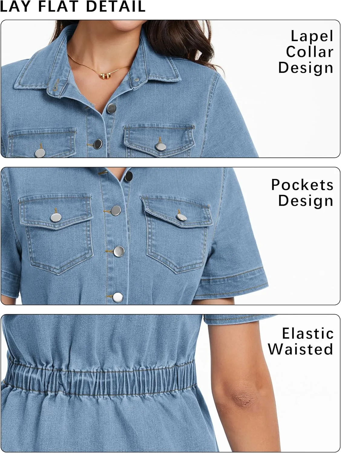 Denim Shirt Dress for Women Short Sleeve, Jean Stretch Button Down Dresses for Summer